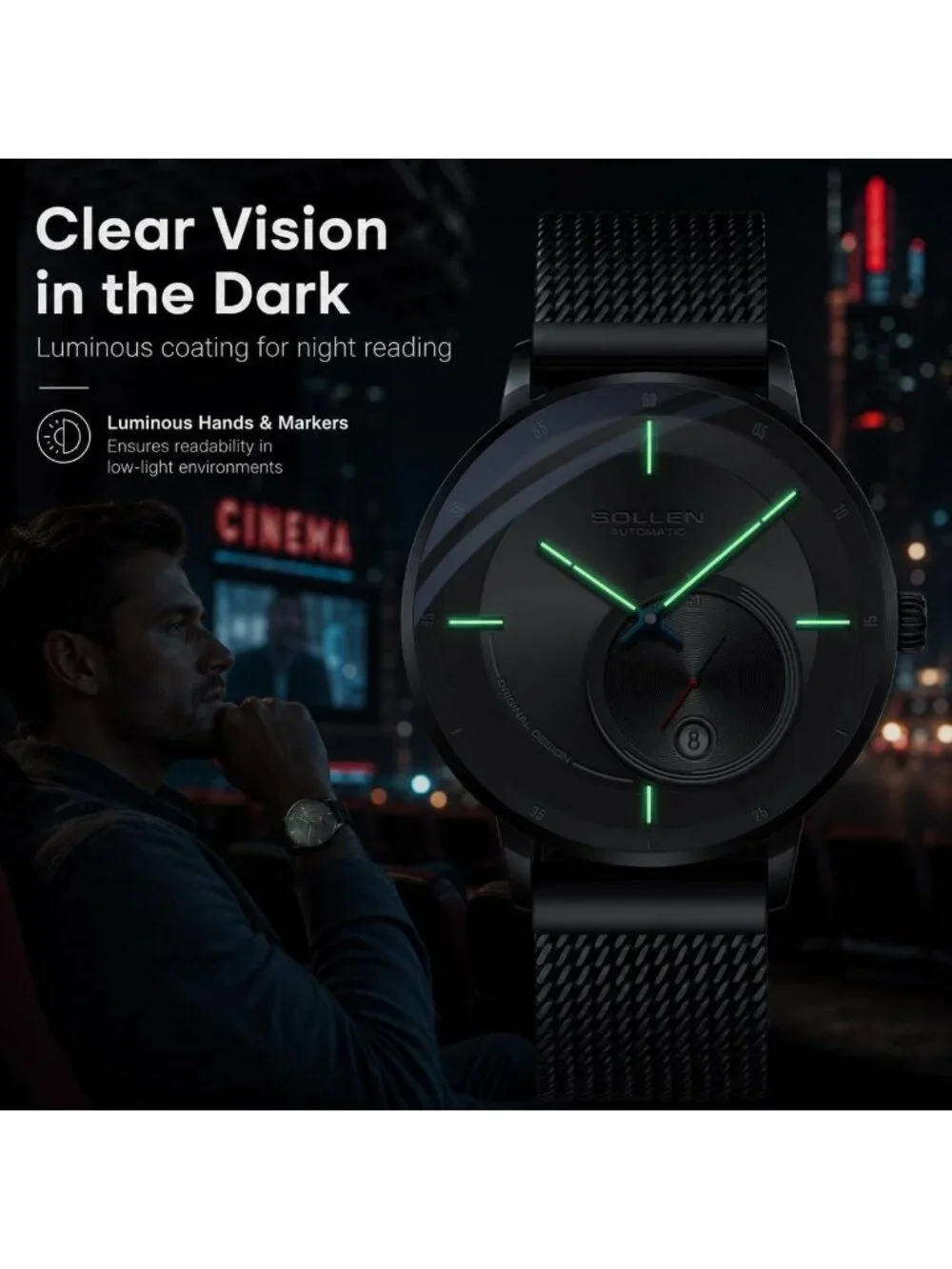 Men's Black Automatic Mechanical Minimalist Dial Stainless Steel Luxury Watch